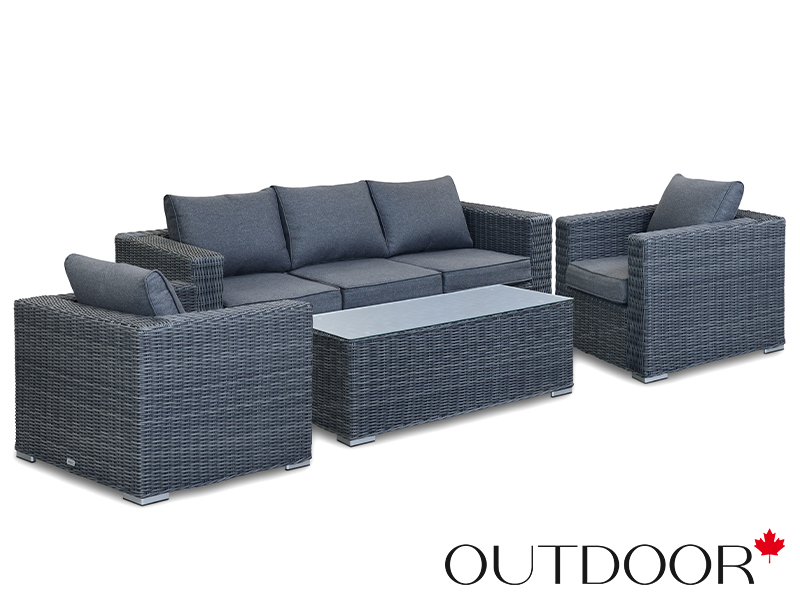 Комплект мебели из ротанга OUTDOOR Флорида (3-местный диван, 2 кресла, стол), узкое плетение, графит