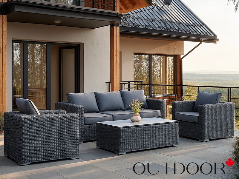 Комплект мебели из ротанга OUTDOOR Флорида (3-местный диван, 2 кресла, стол), узкое плетение, графит