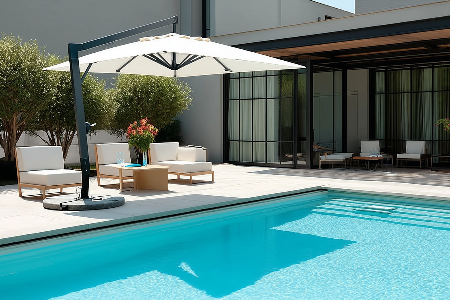 Садовый уличный зонт как элемент архитектуры и комфорта на открытом пространстве