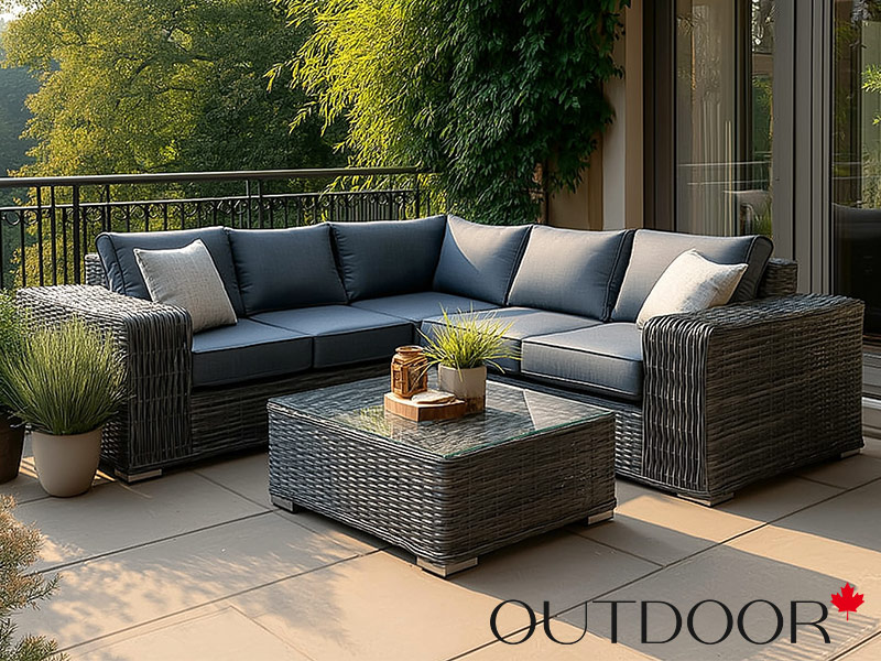 Комплект мебели из ротанга OUTDOOR Санторини (угловой диван, стол), широкое плетение, графит