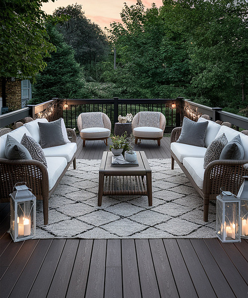 Темная композитная терраса, обустроенная мягкой плетеной мебелью, журнальным столиком, коврами и элементами декора, превращает задний двор в роскошное и расслабляющее пространство.